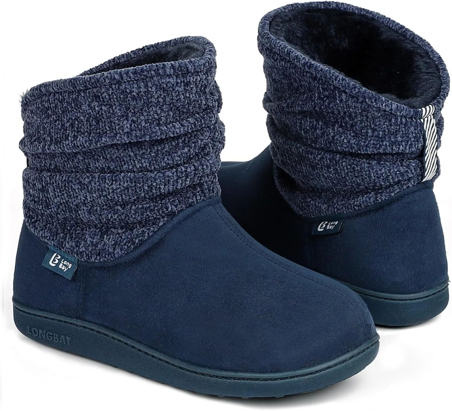 LongBay Women's Warm Chenille Knit Bootie Slippers Memory Foam Comfy Suede Fluffy Faux Fur Memory Foam Boots House Shoes