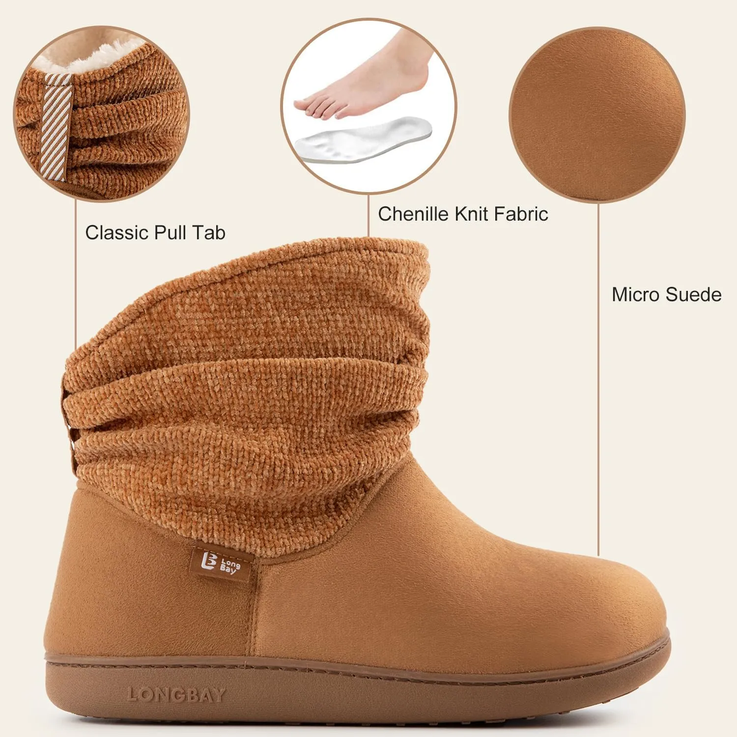 LongBay Women's Warm Chenille Knit Bootie Slippers Memory Foam Comfy Suede Fluffy Faux Fur Memory Foam Boots House Shoes