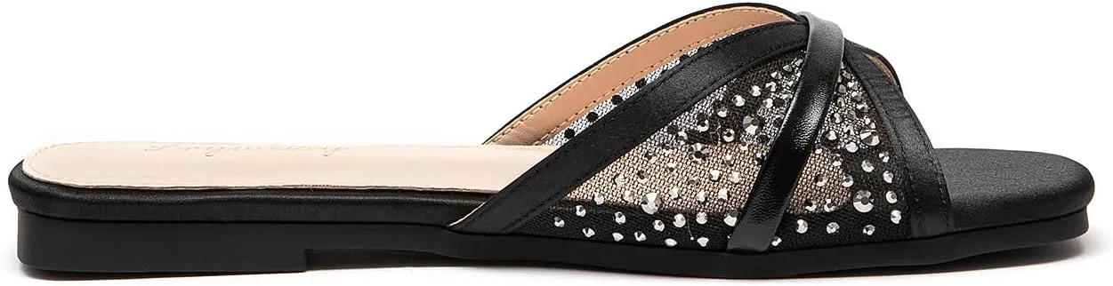 Lryweisy Women's Flat Sandals Comfortable Mesh Sandals with Rhinestone Glitter Slides