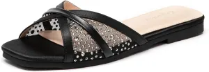 Lryweisy Women's Flat Sandals Comfortable Mesh Sandals with Rhinestone Glitter Slides