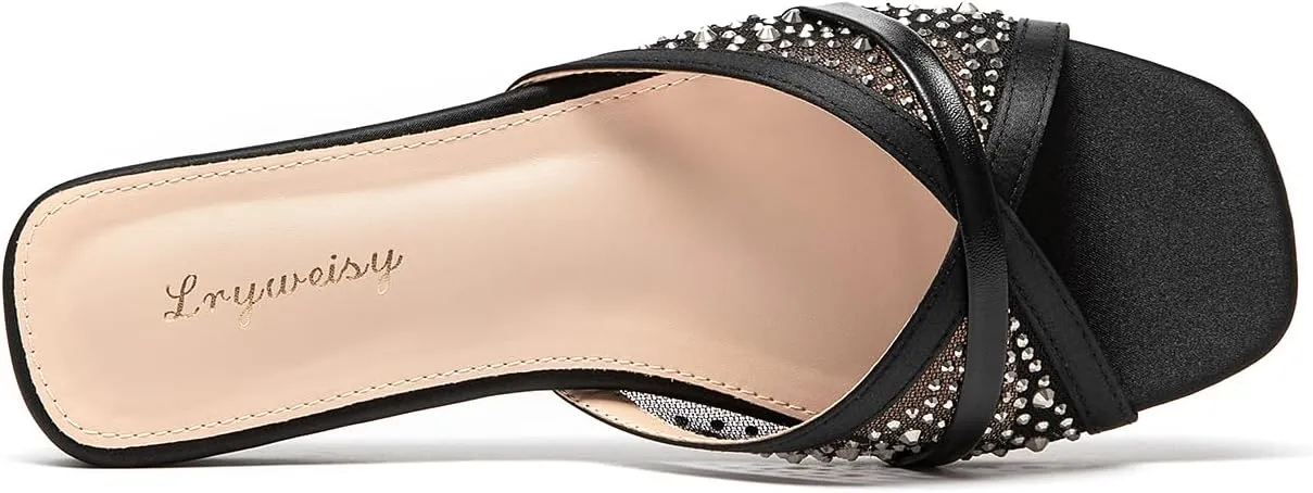 Lryweisy Women's Flat Sandals Comfortable Mesh Sandals with Rhinestone Glitter Slides