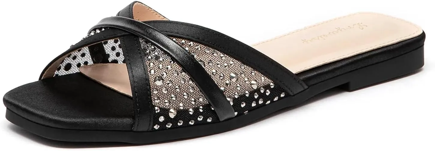 Lryweisy Women's Flat Sandals Comfortable Mesh Sandals with Rhinestone Glitter Slides