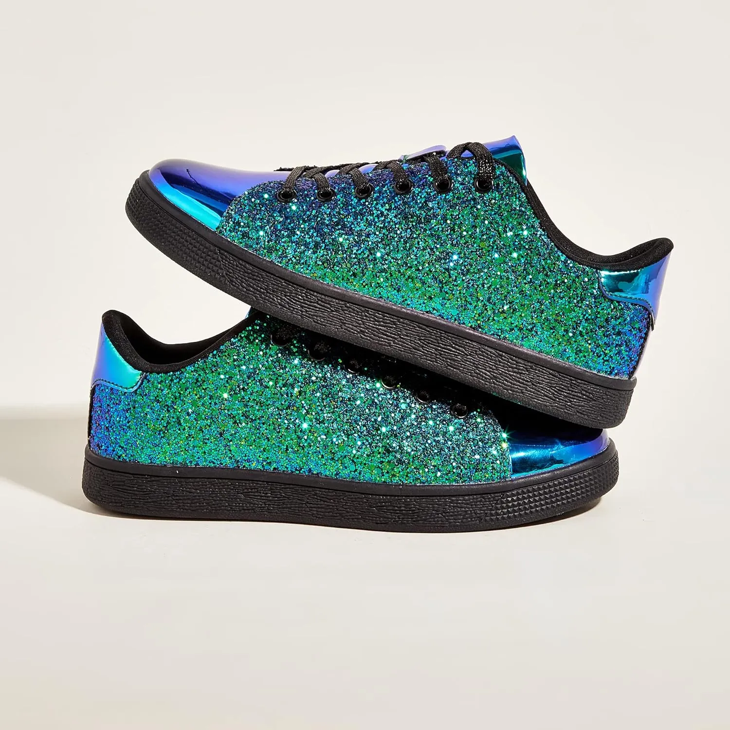 LUCKY STEP Glitter Sneakers Lace up | Fashion Sneakers | Sparkly Shoes for Women