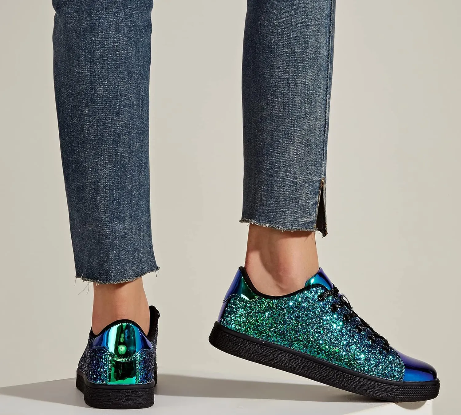LUCKY STEP Glitter Sneakers Lace up | Fashion Sneakers | Sparkly Shoes for Women