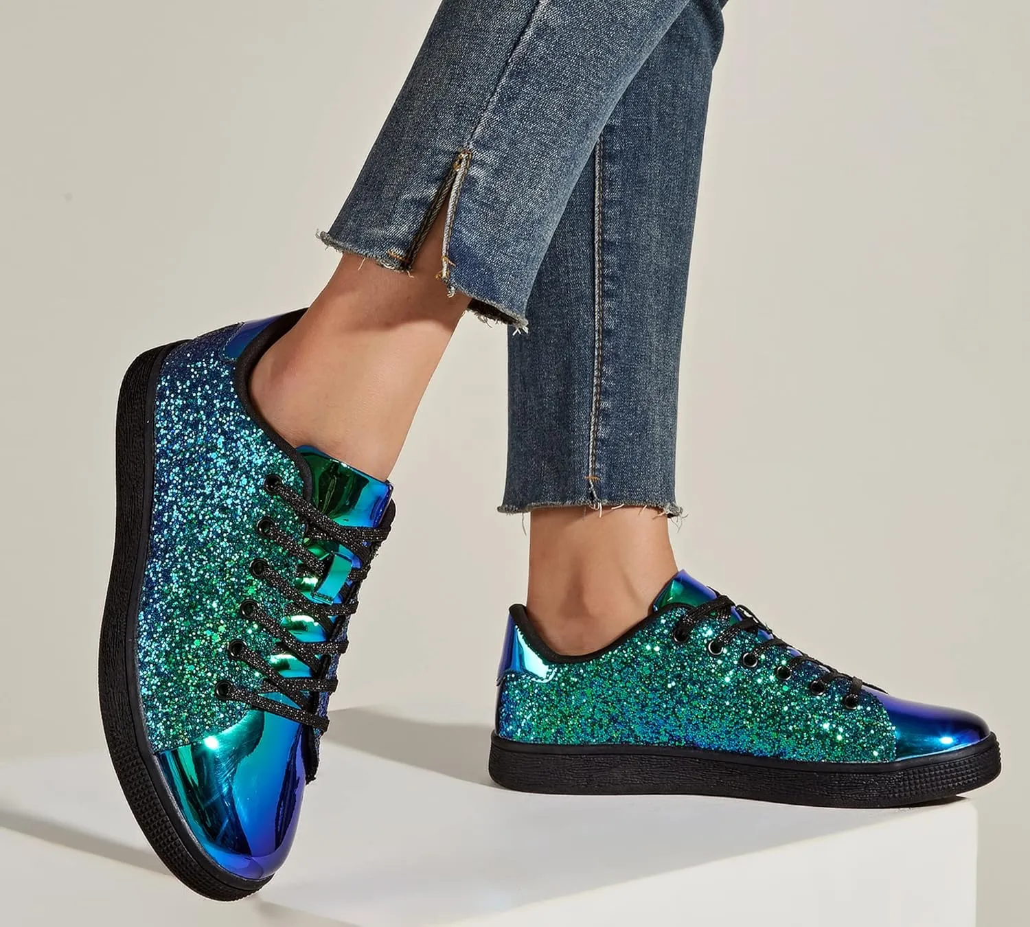 LUCKY STEP Glitter Sneakers Lace up | Fashion Sneakers | Sparkly Shoes for Women