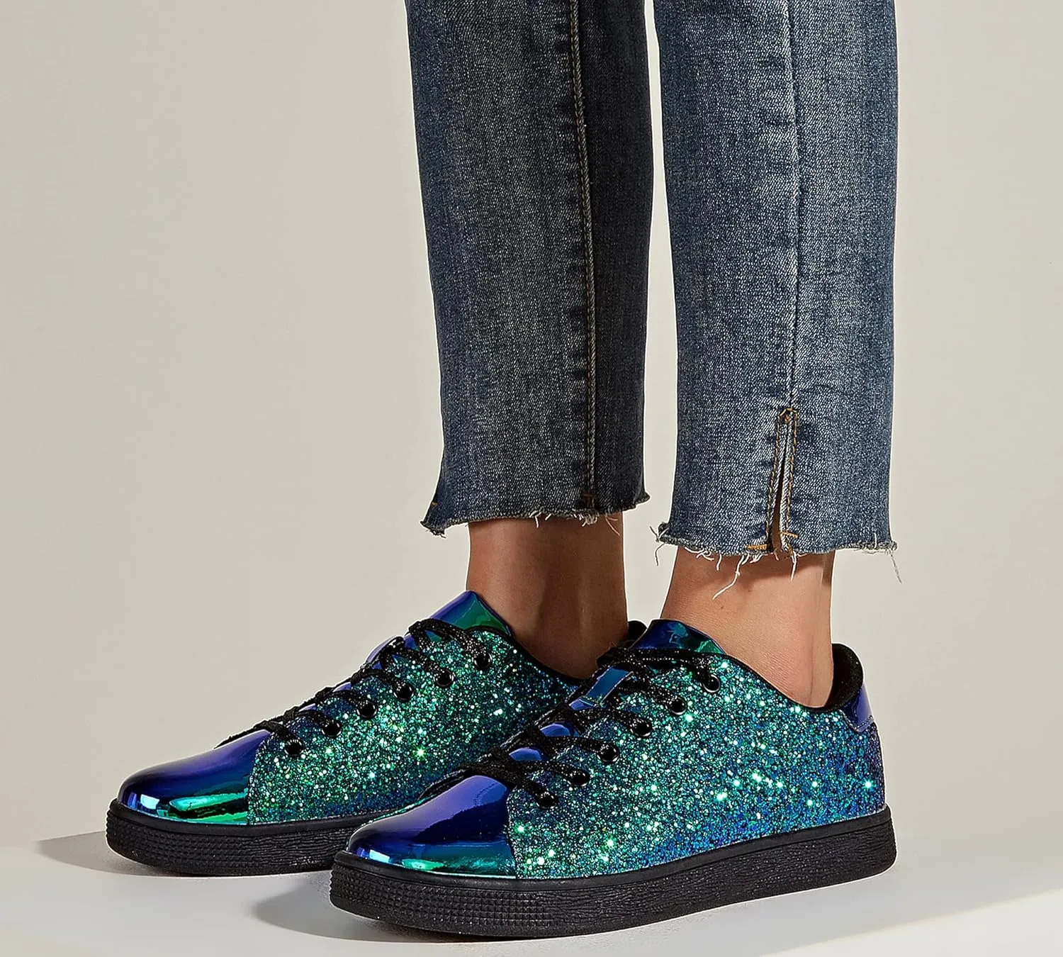 LUCKY STEP Glitter Sneakers Lace up | Fashion Sneakers | Sparkly Shoes for Women