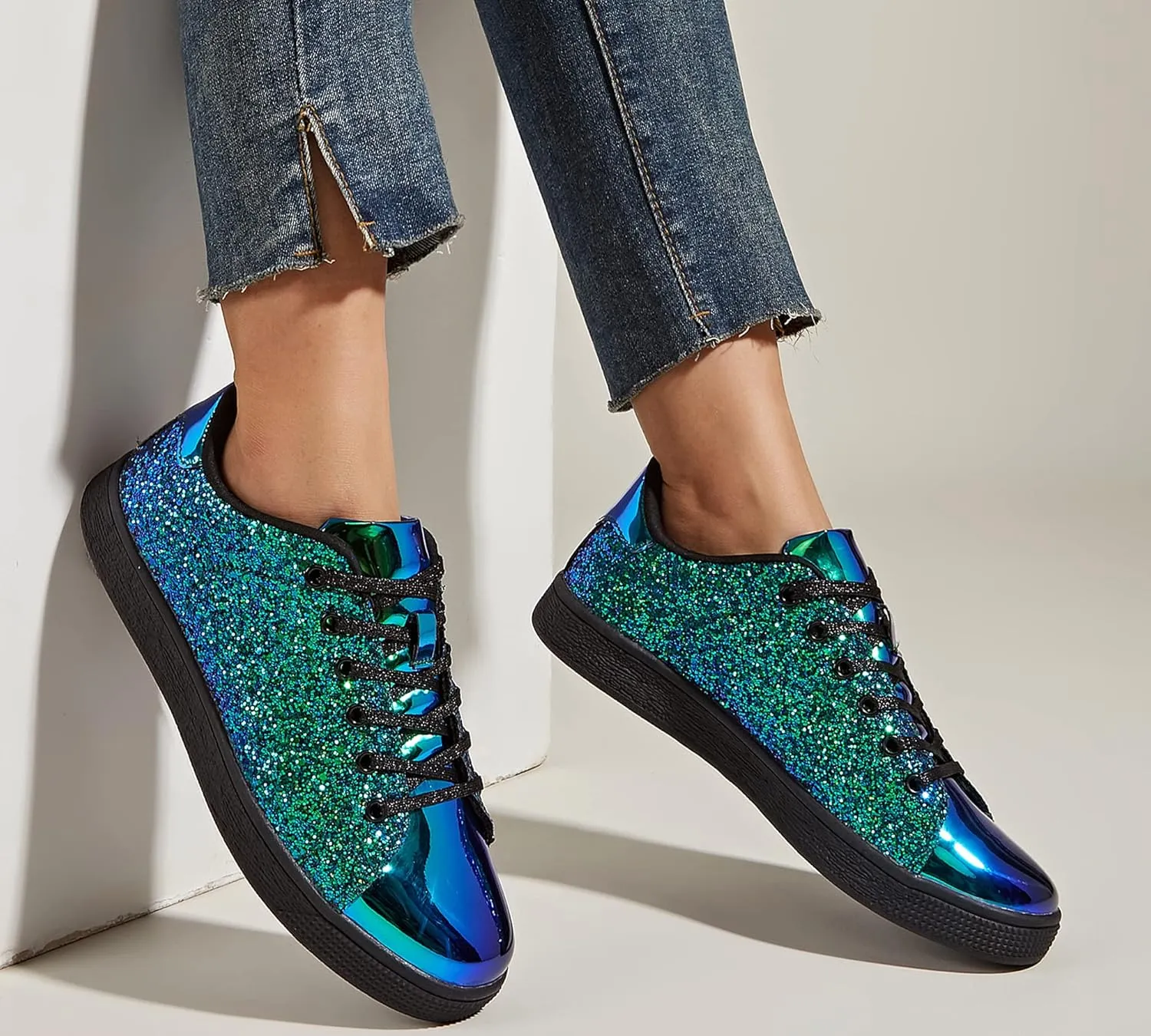 LUCKY STEP Glitter Sneakers Lace up | Fashion Sneakers | Sparkly Shoes for Women