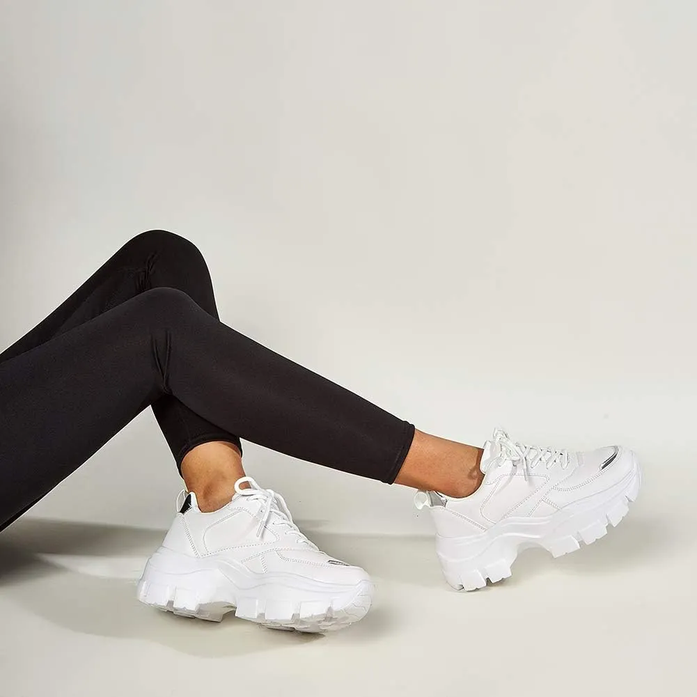 LUCKY STEP Women Chunky Platform Dad Colorblock White Neon Green Fuchsia Hologram Silver Casual Lace-Up Walking Sneakers