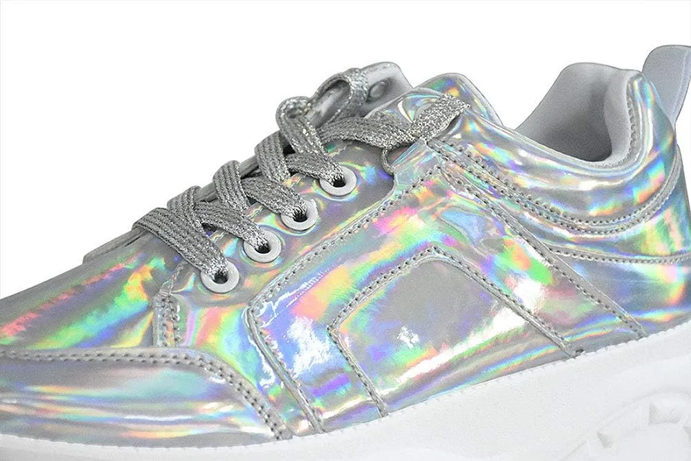 LUCKY STEP Women Chunky Platform Dad Colorblock White Neon Green Fuchsia Hologram Silver Casual Lace-Up Walking Sneakers