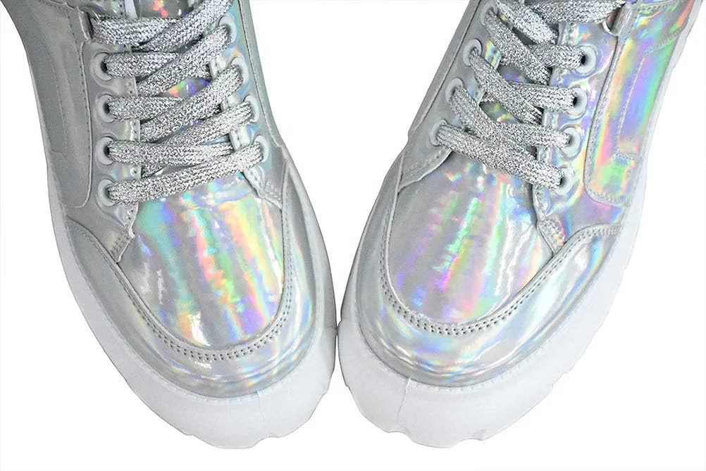 LUCKY STEP Women Chunky Platform Dad Colorblock White Neon Green Fuchsia Hologram Silver Casual Lace-Up Walking Sneakers
