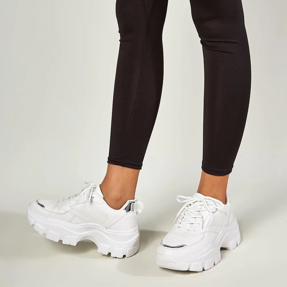 LUCKY STEP Women Chunky Platform Dad Colorblock White Neon Green Fuchsia Hologram Silver Casual Lace-Up Walking Sneakers
