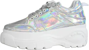 LUCKY STEP Women Chunky Platform Dad Colorblock White Neon Green Fuchsia Hologram Silver Casual Lace-Up Walking Sneakers