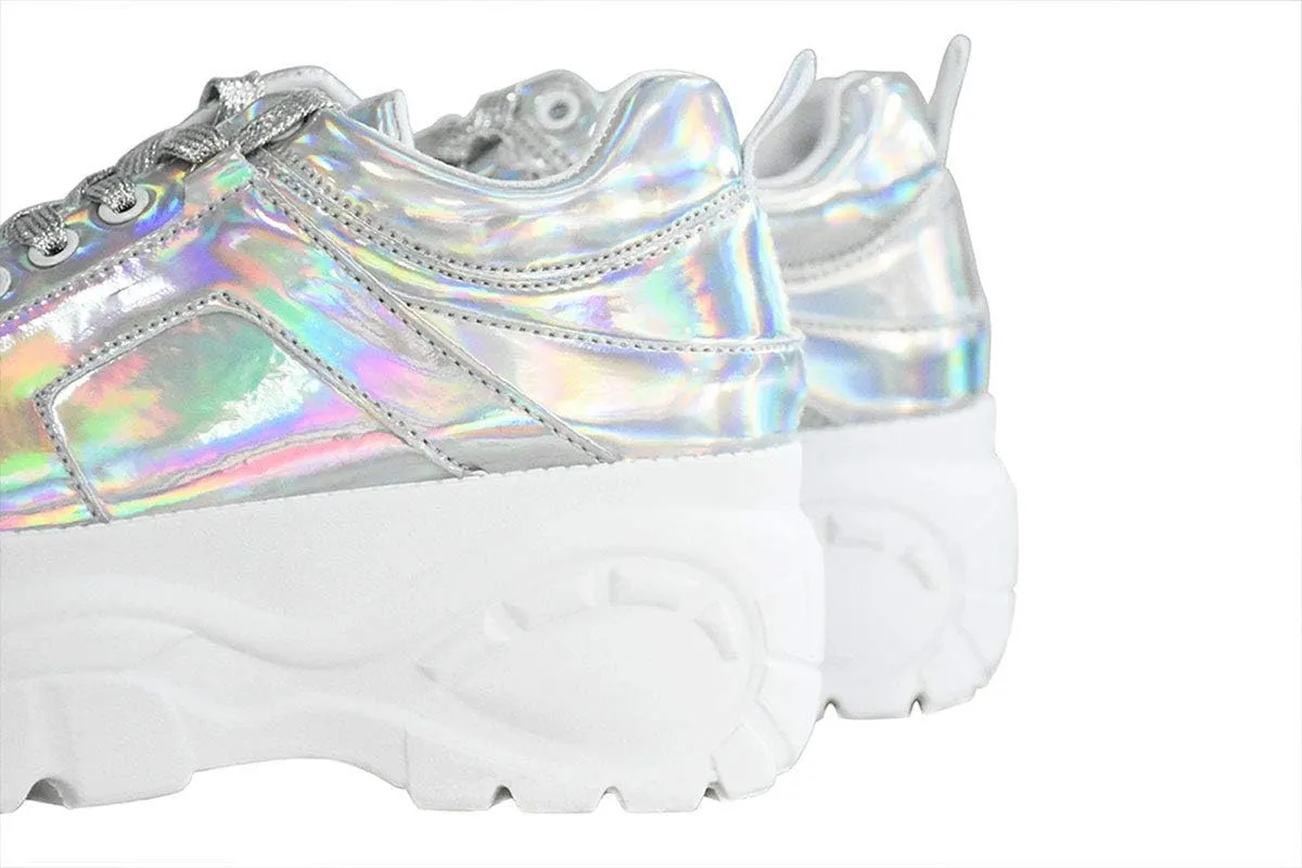 LUCKY STEP Women Chunky Platform Dad Colorblock White Neon Green Fuchsia Hologram Silver Casual Lace-Up Walking Sneakers