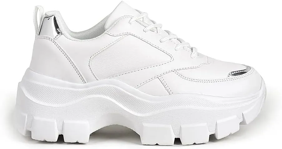 LUCKY STEP Women Chunky Platform Dad Colorblock White Neon Green Fuchsia Hologram Silver Casual Lace-Up Walking Sneakers