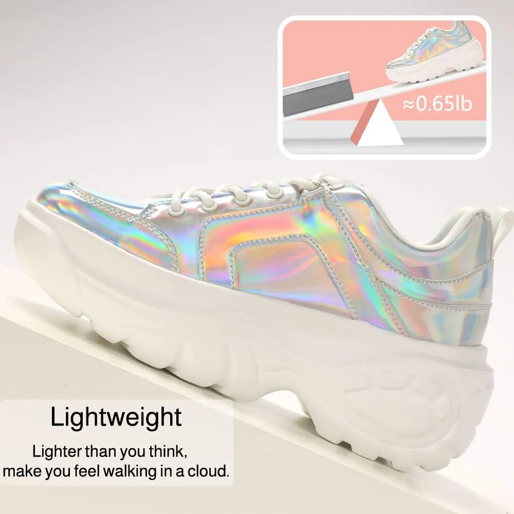 LUCKY STEP Women Chunky Platform Dad Colorblock White Neon Green Fuchsia Hologram Silver Casual Lace-Up Walking Sneakers