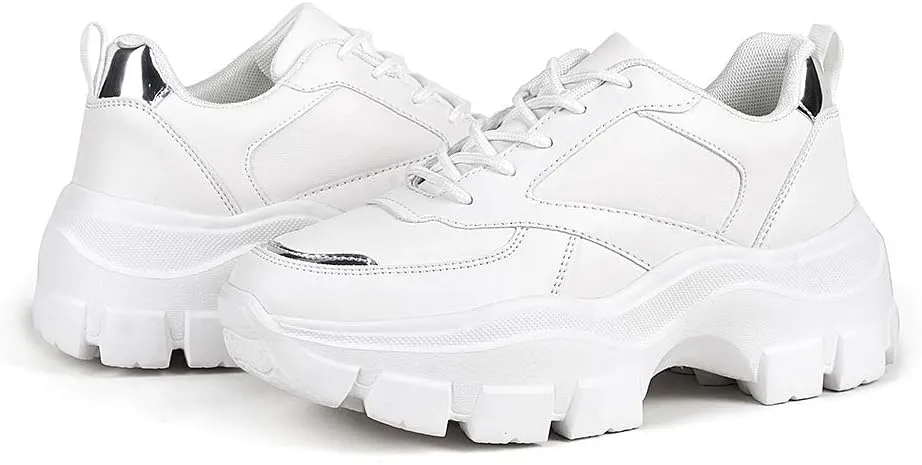 LUCKY STEP Women Chunky Platform Dad Colorblock White Neon Green Fuchsia Hologram Silver Casual Lace-Up Walking Sneakers
