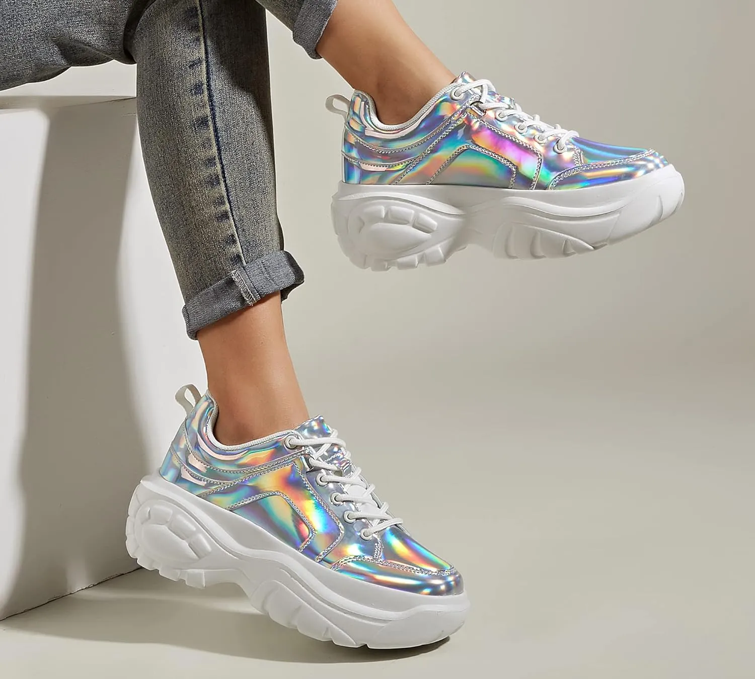 LUCKY STEP Women Chunky Platform Dad Colorblock White Neon Green Fuchsia Hologram Silver Casual Lace-Up Walking Sneakers
