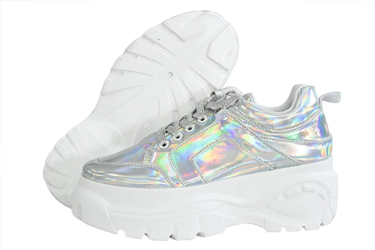 LUCKY STEP Women Chunky Platform Dad Colorblock White Neon Green Fuchsia Hologram Silver Casual Lace-Up Walking Sneakers