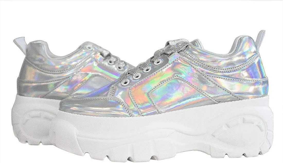 LUCKY STEP Women Chunky Platform Dad Colorblock White Neon Green Fuchsia Hologram Silver Casual Lace-Up Walking Sneakers
