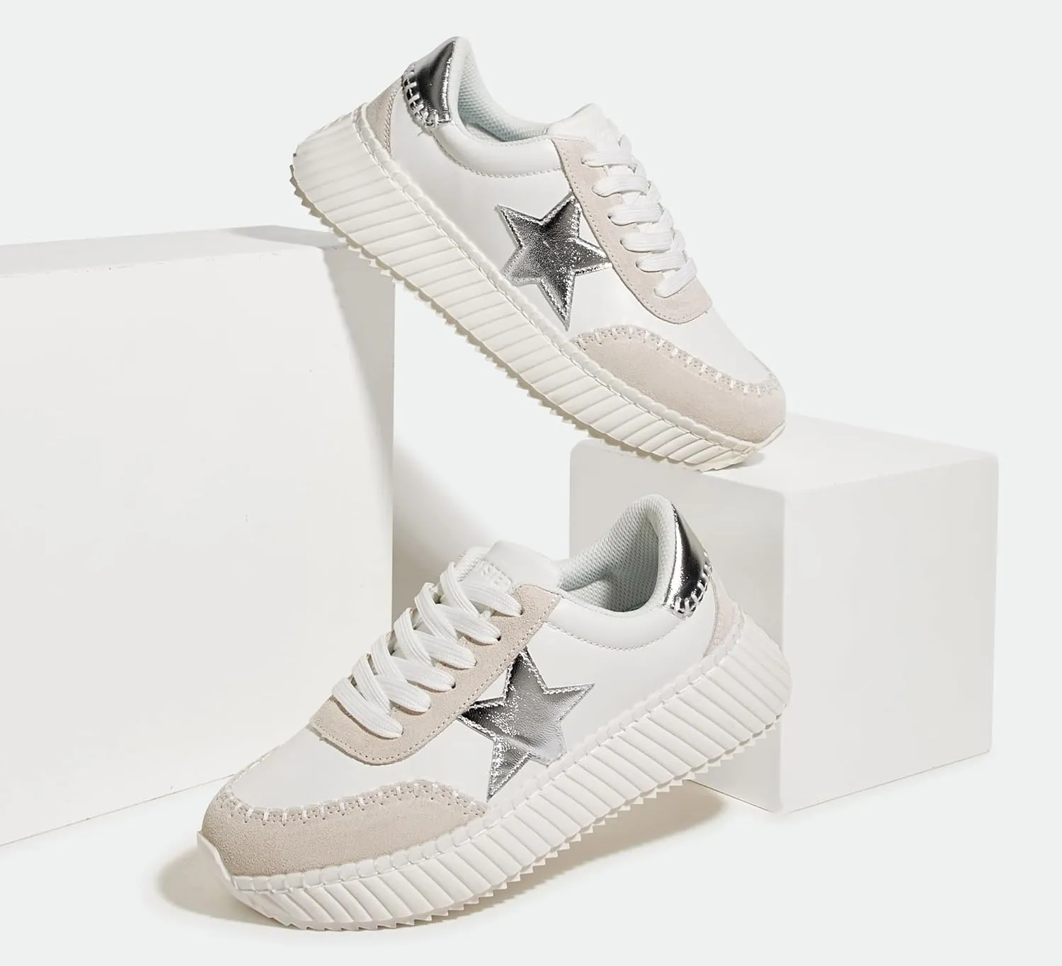 LUCKY STEP Women's Star Platform Sneakers Fashion Chunky Retro Trendy Casual Tennis Running Trainning Walking Shoes