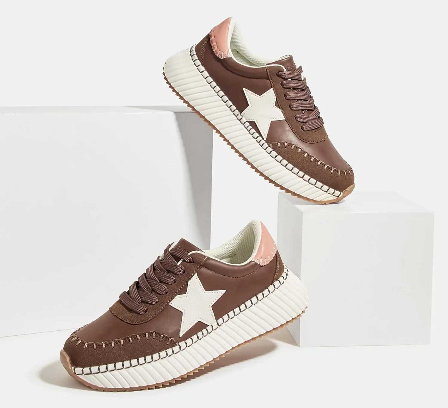 LUCKY STEP Women's Star Platform Sneakers Fashion Chunky Retro Trendy Casual Tennis Running Trainning Walking Shoes