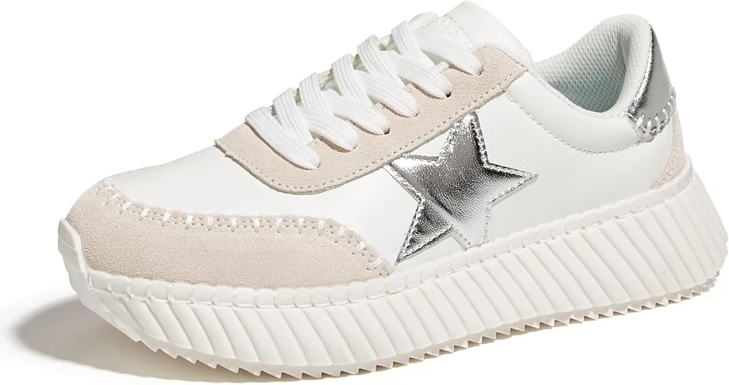 LUCKY STEP Women's Star Platform Sneakers Fashion Chunky Retro Trendy Casual Tennis Running Trainning Walking Shoes