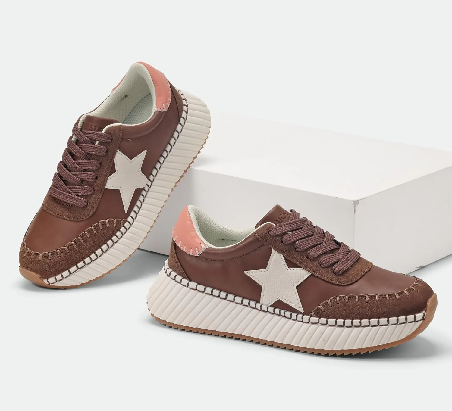 LUCKY STEP Women's Star Platform Sneakers Fashion Chunky Retro Trendy Casual Tennis Running Trainning Walking Shoes