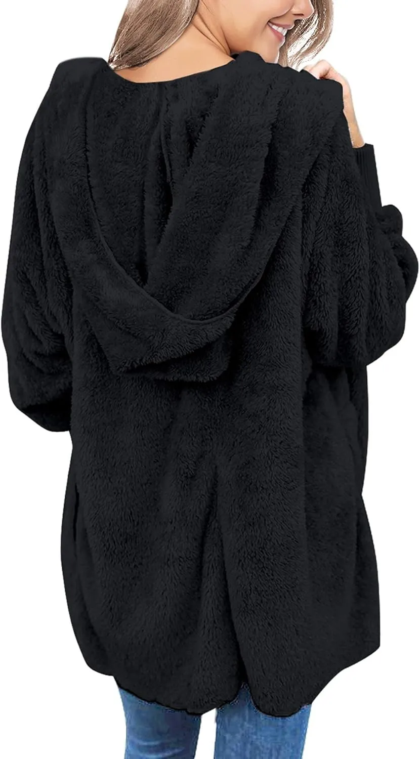 luvamia Women Fuzzy Fleece Open Front Pockets Hooded Cardigan Jacket Coat Outwear