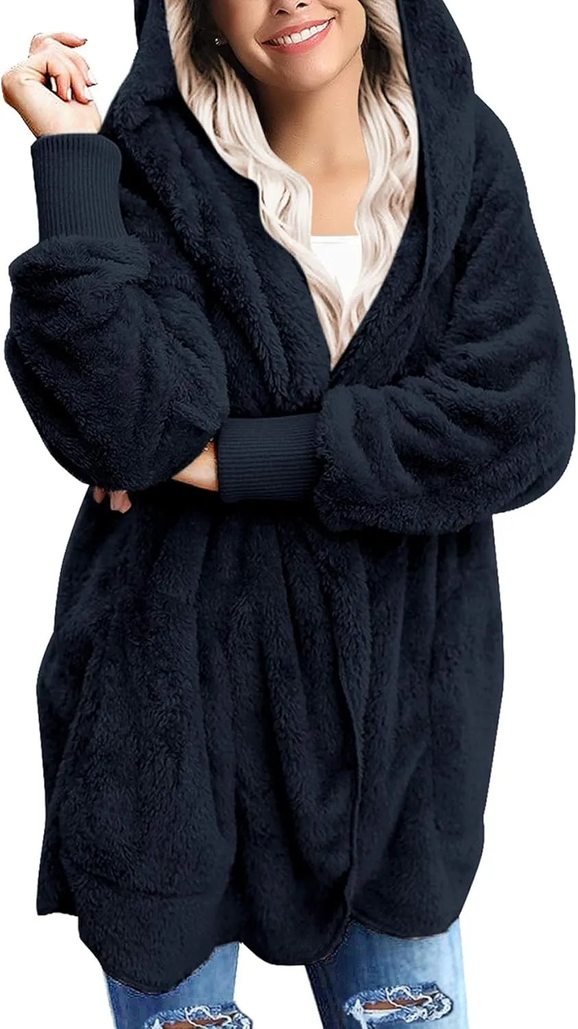 luvamia Women Fuzzy Fleece Open Front Pockets Hooded Cardigan Jacket Coat Outwear
