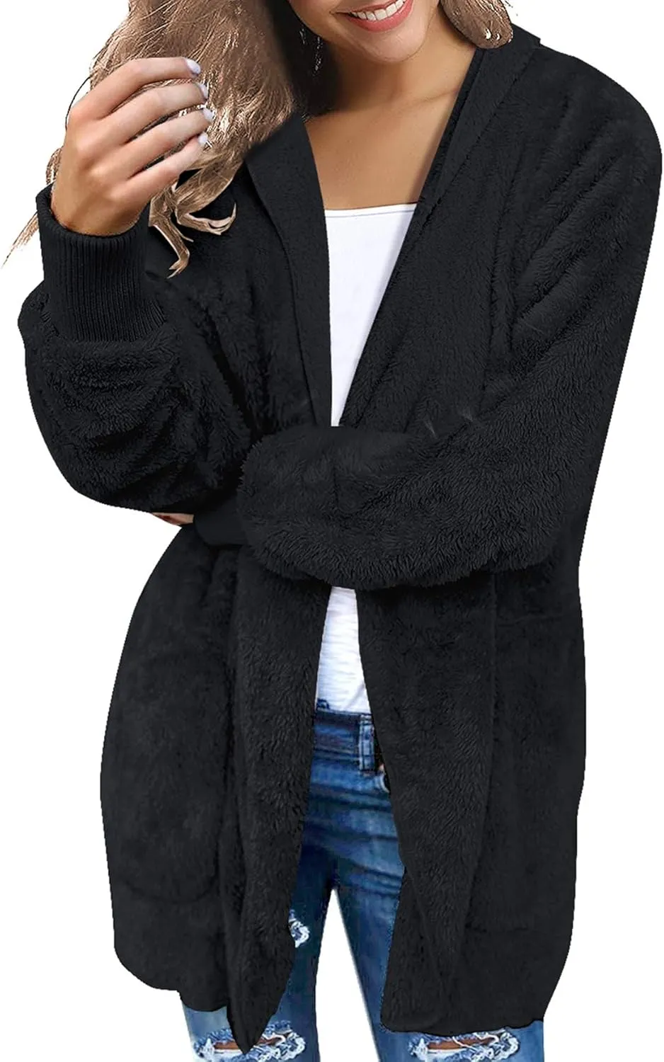 luvamia Women Fuzzy Fleece Open Front Pockets Hooded Cardigan Jacket Coat Outwear