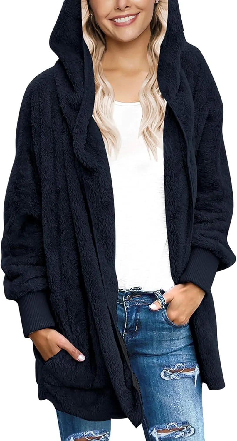luvamia Women Fuzzy Fleece Open Front Pockets Hooded Cardigan Jacket Coat Outwear
