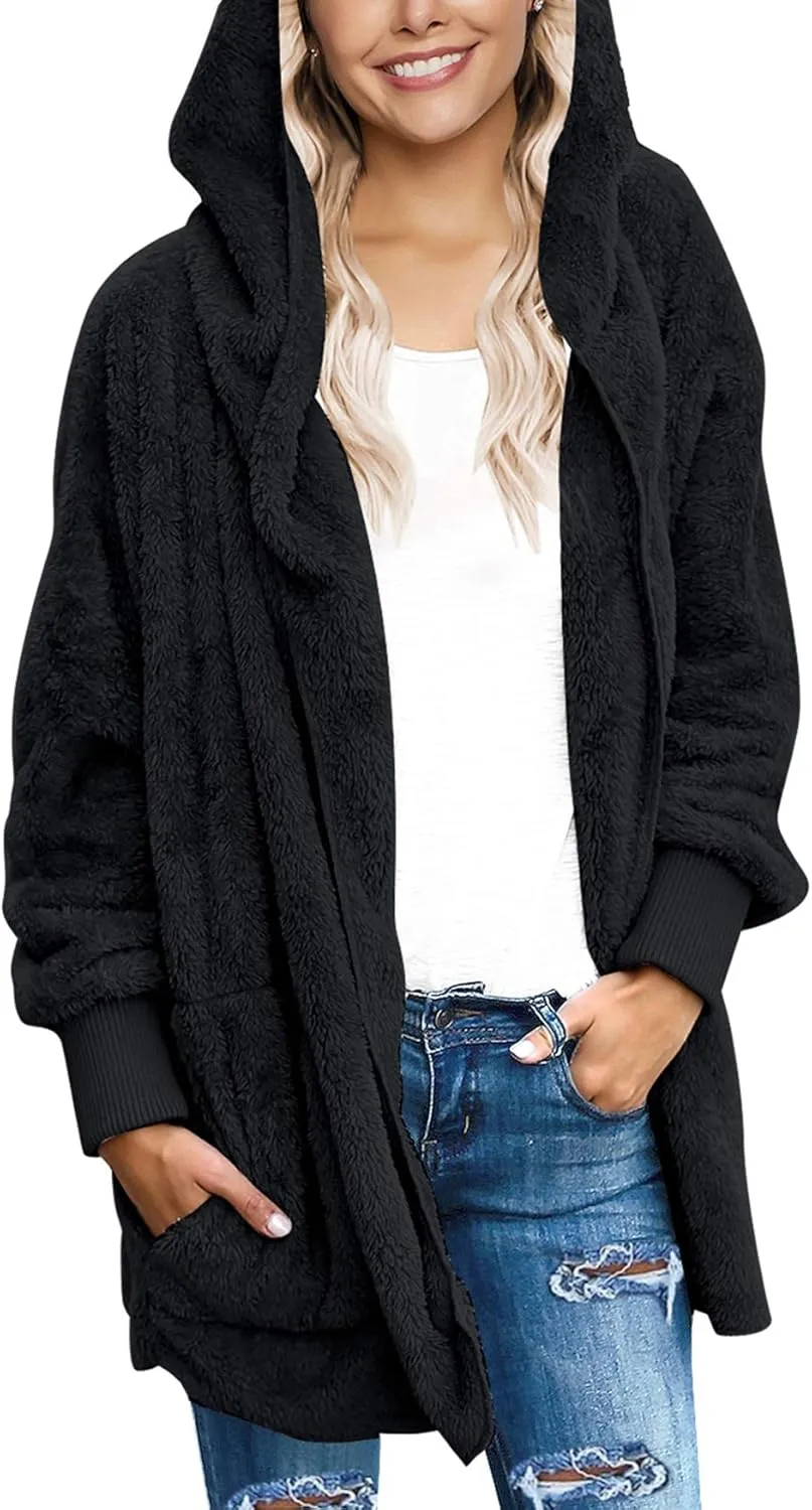 luvamia Women Fuzzy Fleece Open Front Pockets Hooded Cardigan Jacket Coat Outwear