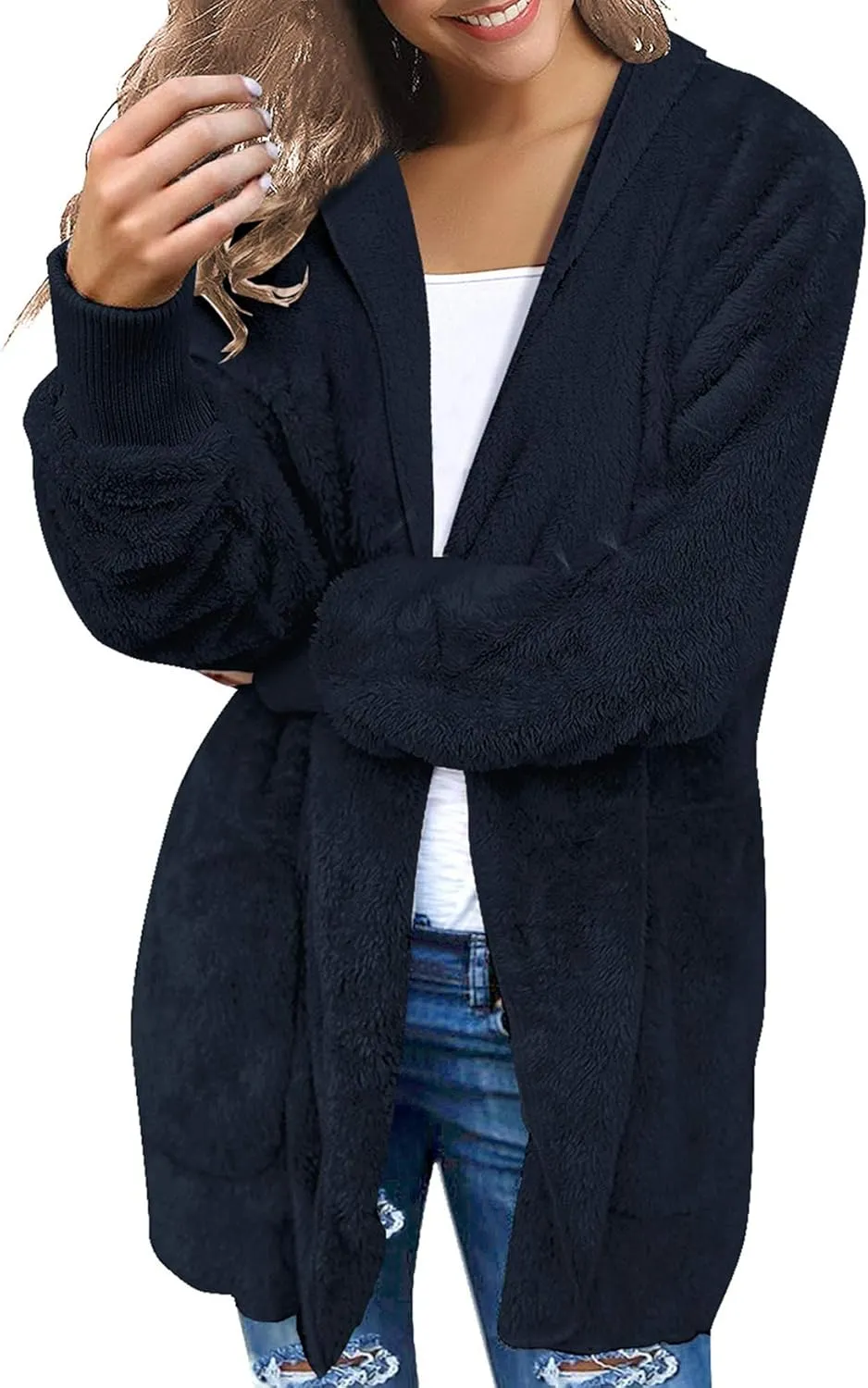 luvamia Women Fuzzy Fleece Open Front Pockets Hooded Cardigan Jacket Coat Outwear