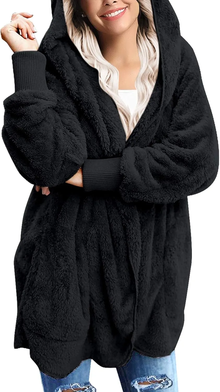 luvamia Women Fuzzy Fleece Open Front Pockets Hooded Cardigan Jacket Coat Outwear