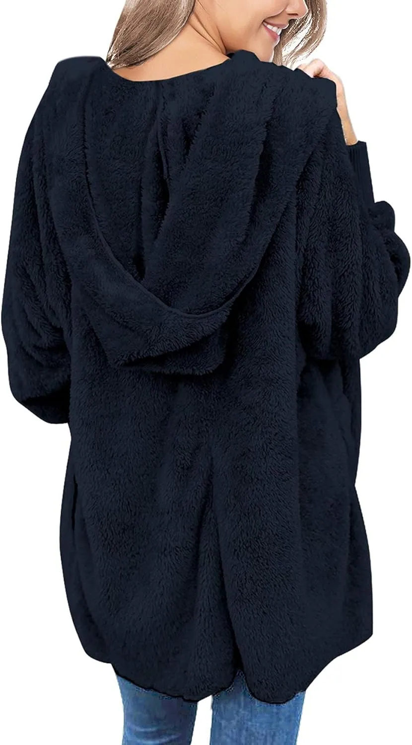 luvamia Women Fuzzy Fleece Open Front Pockets Hooded Cardigan Jacket Coat Outwear