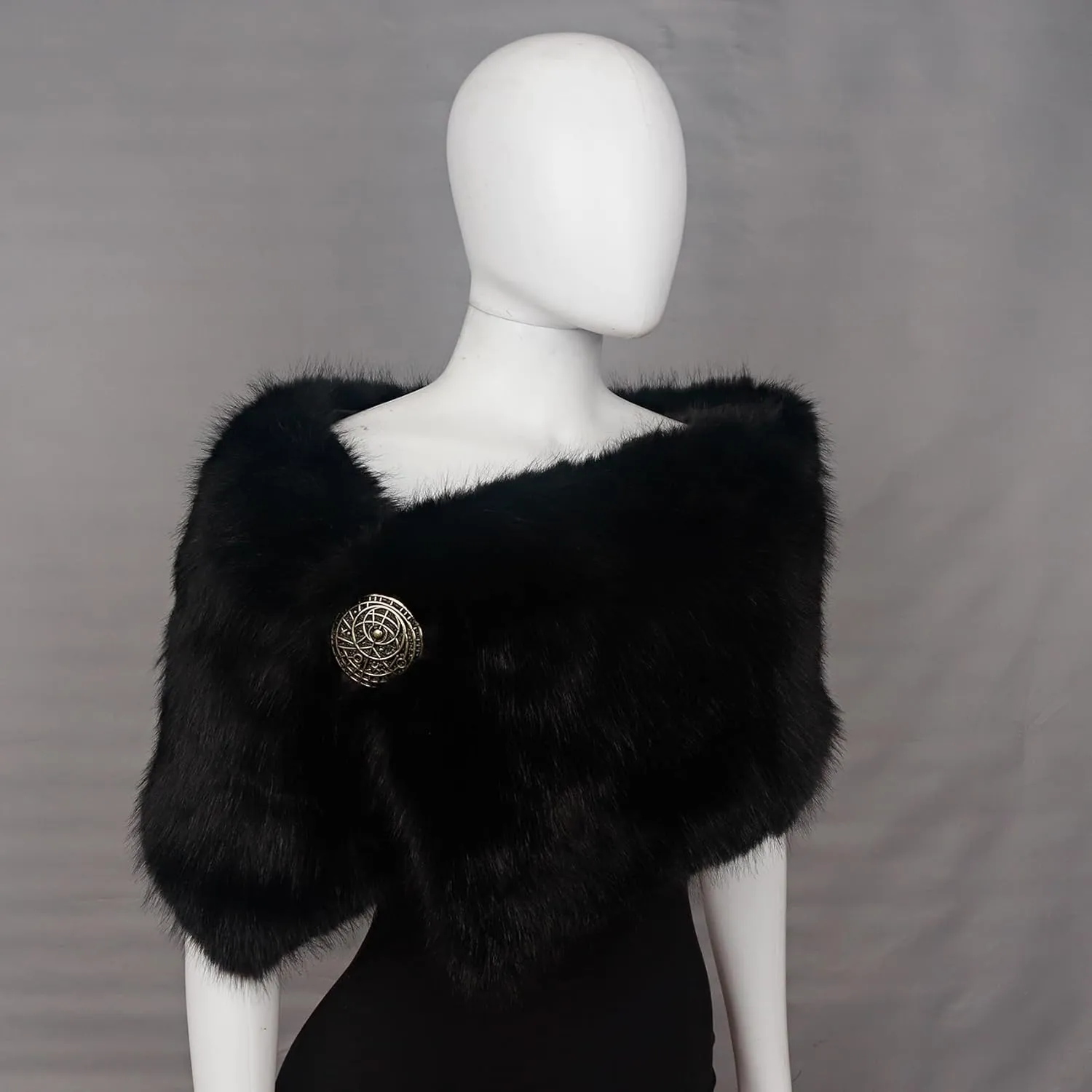 L'VOW Women Viking Faux Fur Shawl and Wrap Fur Stole with Medieval Brooch Fur Collar for LARP GoT Warrior Costume Accessories