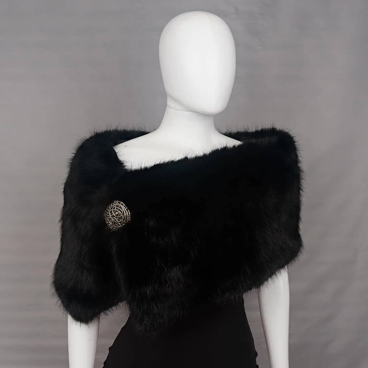 L'VOW Women Viking Faux Fur Shawl and Wrap Fur Stole with Medieval Brooch Fur Collar for LARP GoT Warrior Costume Accessories