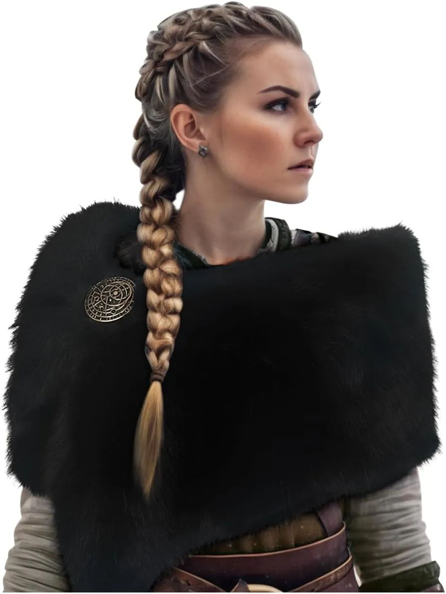 L'VOW Women Viking Faux Fur Shawl and Wrap Fur Stole with Medieval Brooch Fur Collar for LARP GoT Warrior Costume Accessories