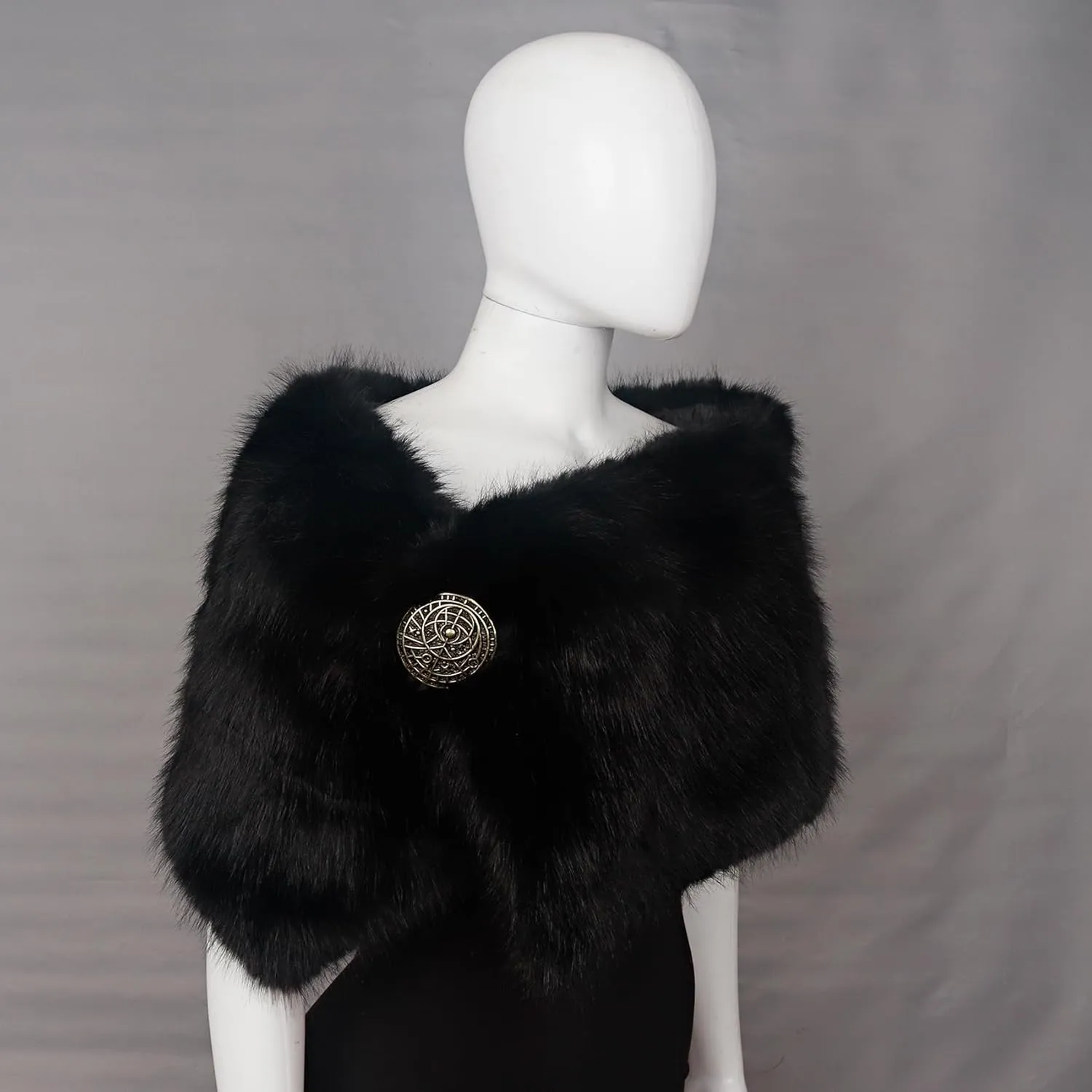 L'VOW Women Viking Faux Fur Shawl and Wrap Fur Stole with Medieval Brooch Fur Collar for LARP GoT Warrior Costume Accessories