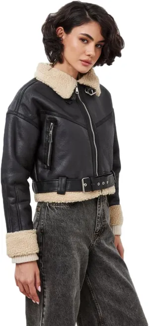 LY VAREY LIN Winter Women Faux Lamb Fur Leather Short Jacket Lapel Zipper Bomber Aviator Coat