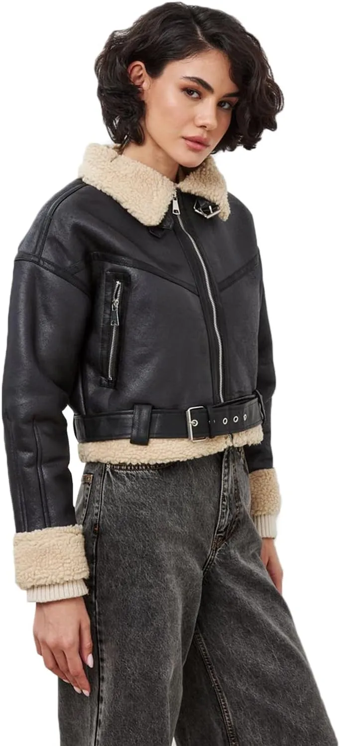 LY VAREY LIN Winter Women Faux Lamb Fur Leather Short Jacket Lapel Zipper Bomber Aviator Coat
