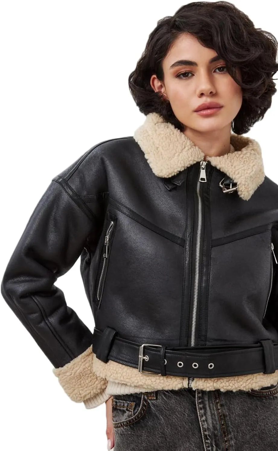 LY VAREY LIN Winter Women Faux Lamb Fur Leather Short Jacket Lapel Zipper Bomber Aviator Coat