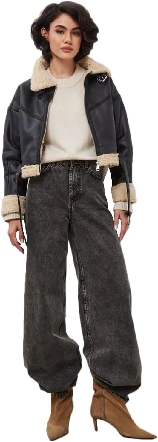 LY VAREY LIN Winter Women Faux Lamb Fur Leather Short Jacket Lapel Zipper Bomber Aviator Coat