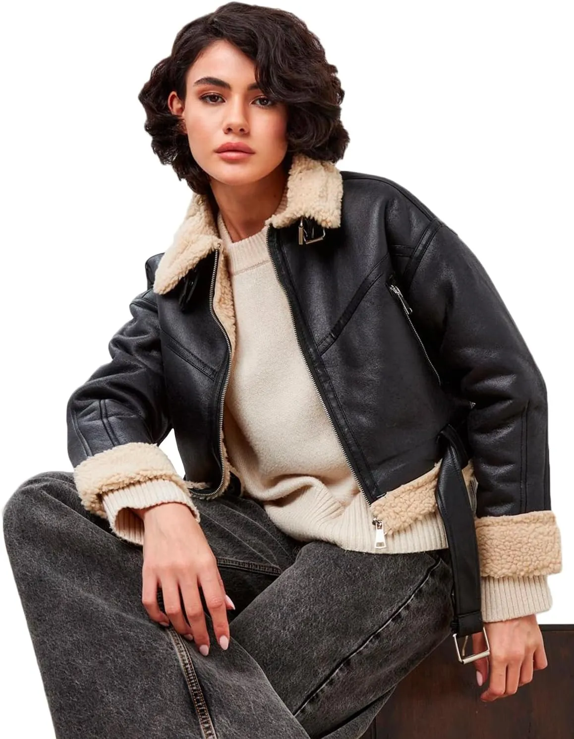 LY VAREY LIN Winter Women Faux Lamb Fur Leather Short Jacket Lapel Zipper Bomber Aviator Coat