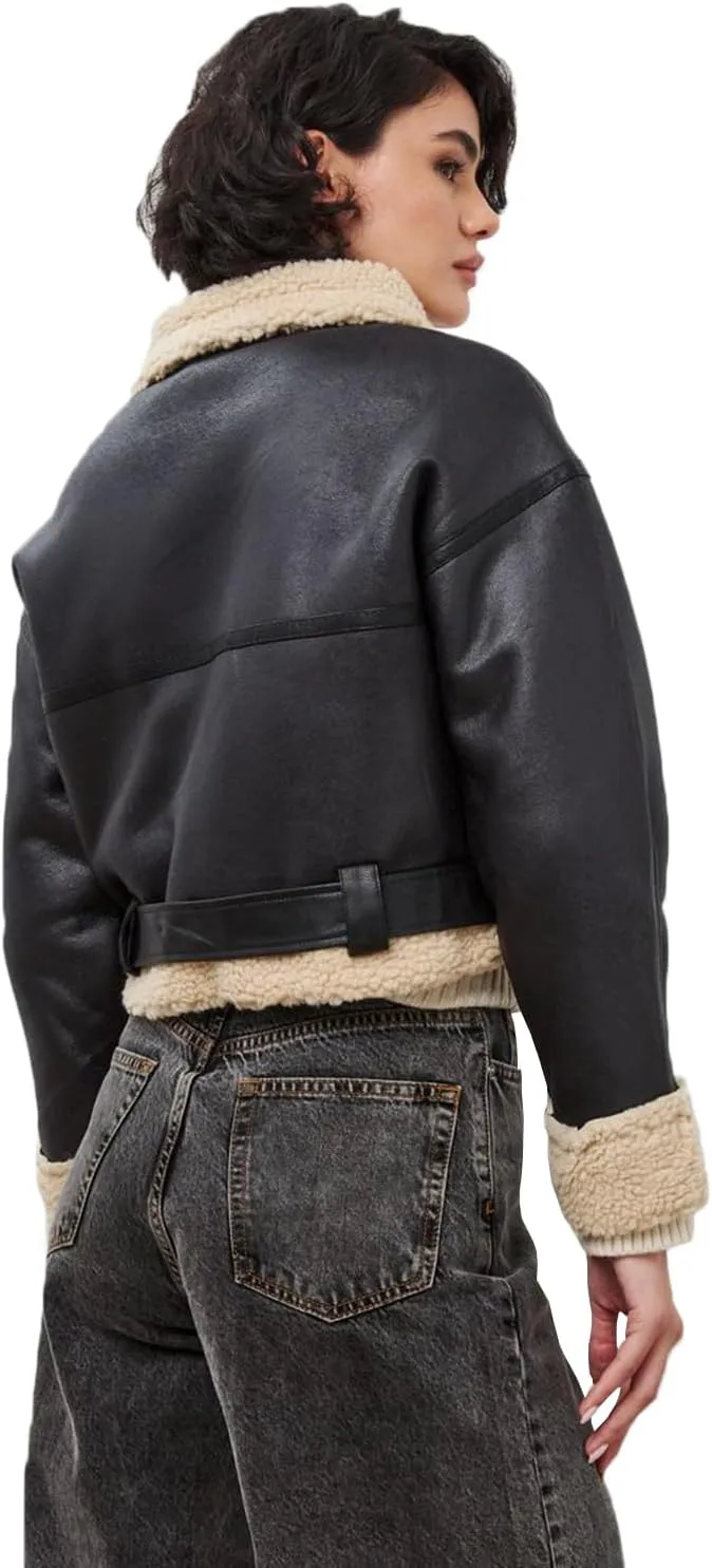 LY VAREY LIN Winter Women Faux Lamb Fur Leather Short Jacket Lapel Zipper Bomber Aviator Coat