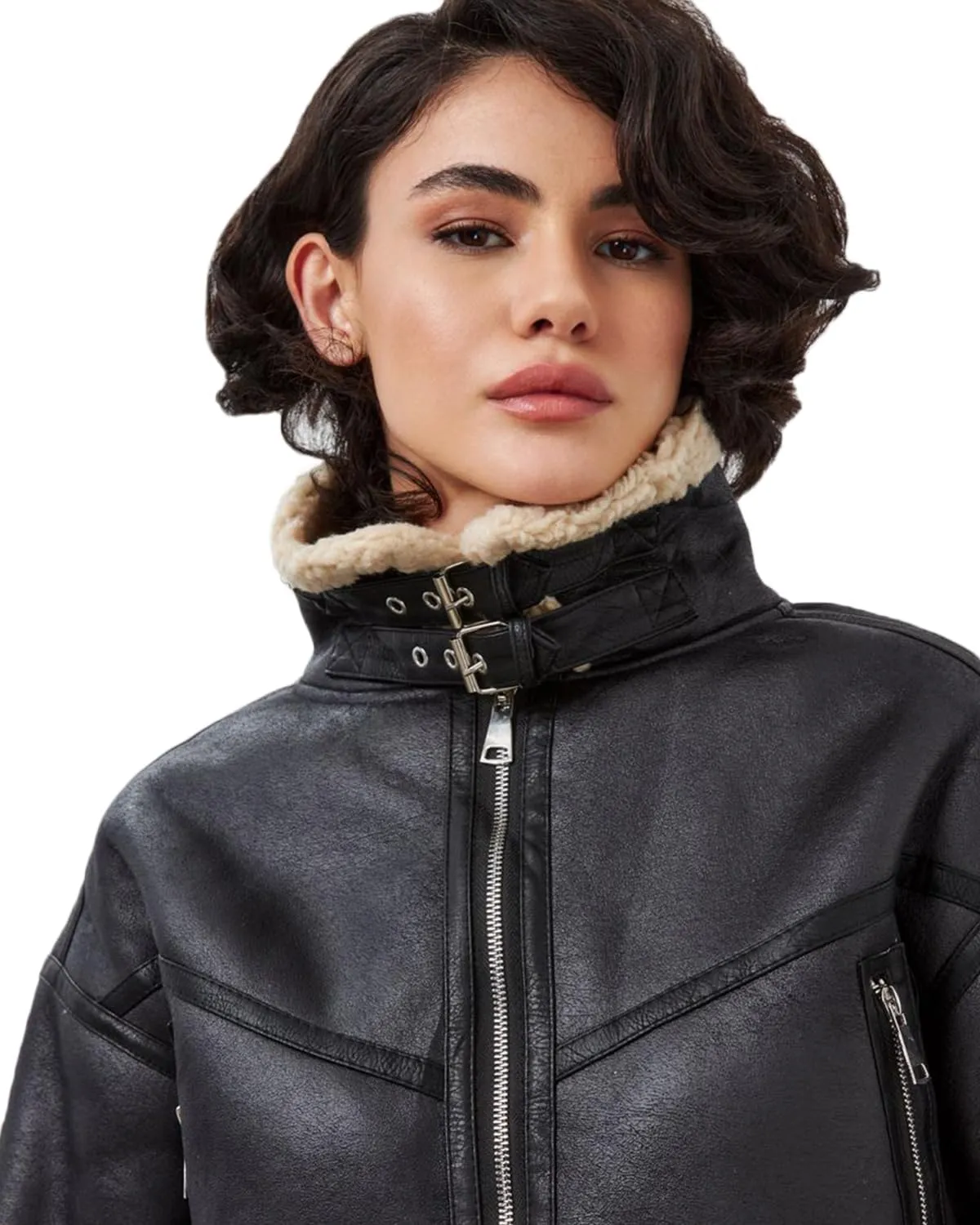 LY VAREY LIN Winter Women Faux Lamb Fur Leather Short Jacket Lapel Zipper Bomber Aviator Coat
