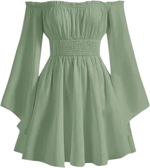 MakeMeChic Women's Casual Solid Off Shoulder Flounce Sleeve Shirred Dress Flared A Line Mini Dresses