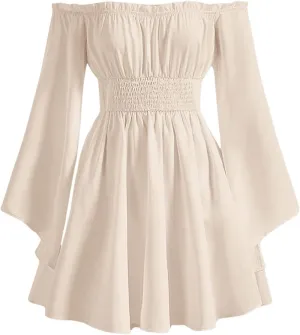MakeMeChic Women's Casual Solid Off Shoulder Flounce Sleeve Shirred Dress Flared A Line Mini Dresses