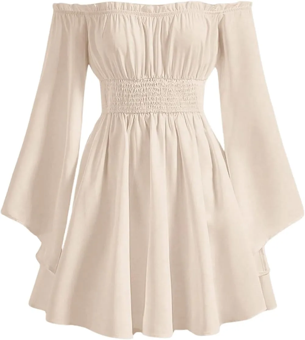 MakeMeChic Women's Casual Solid Off Shoulder Flounce Sleeve Shirred Dress Flared A Line Mini Dresses