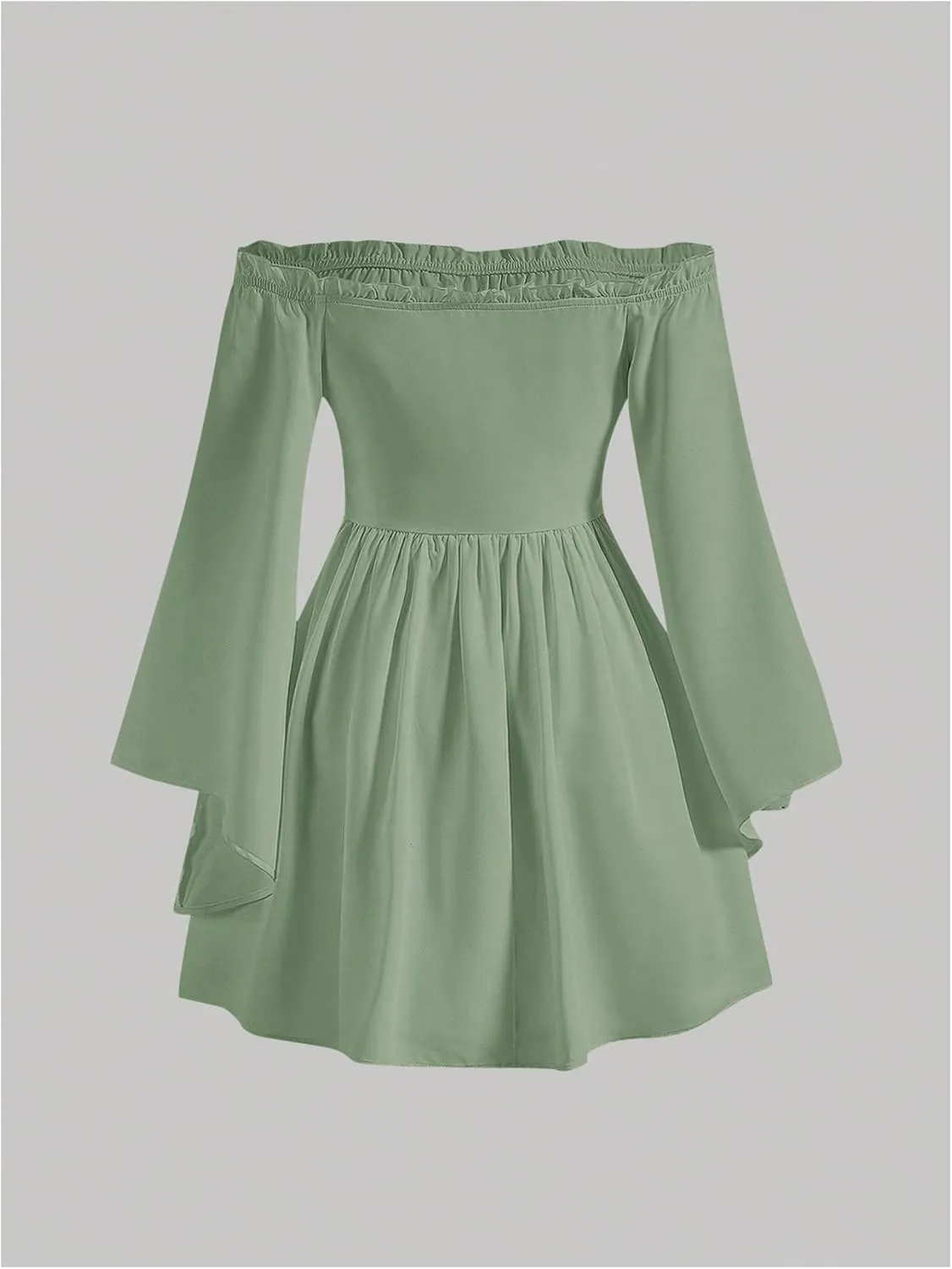 MakeMeChic Women's Casual Solid Off Shoulder Flounce Sleeve Shirred Dress Flared A Line Mini Dresses